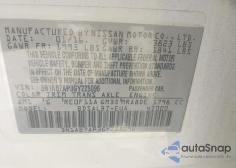 2016 Nissan Sentra Fe+ S/S/Sl/Sr/Sv from USA, damaged, VIN 3N1AB7AP3GY225096